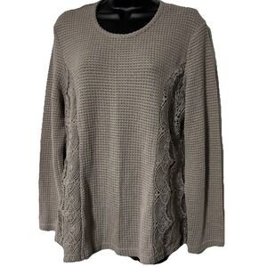 Indigo Soul Waffle Knit Long Sleeve Top Taupe Lace Detail Size L
